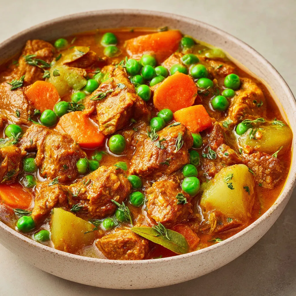Ragoût de veau tandoori, petits pois et sauce qui sent bon les épices.