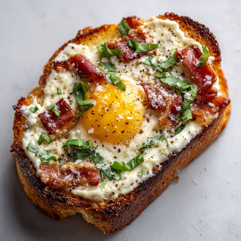 Une tartine façon carbonara avec pain grillé, lardons et herbes.