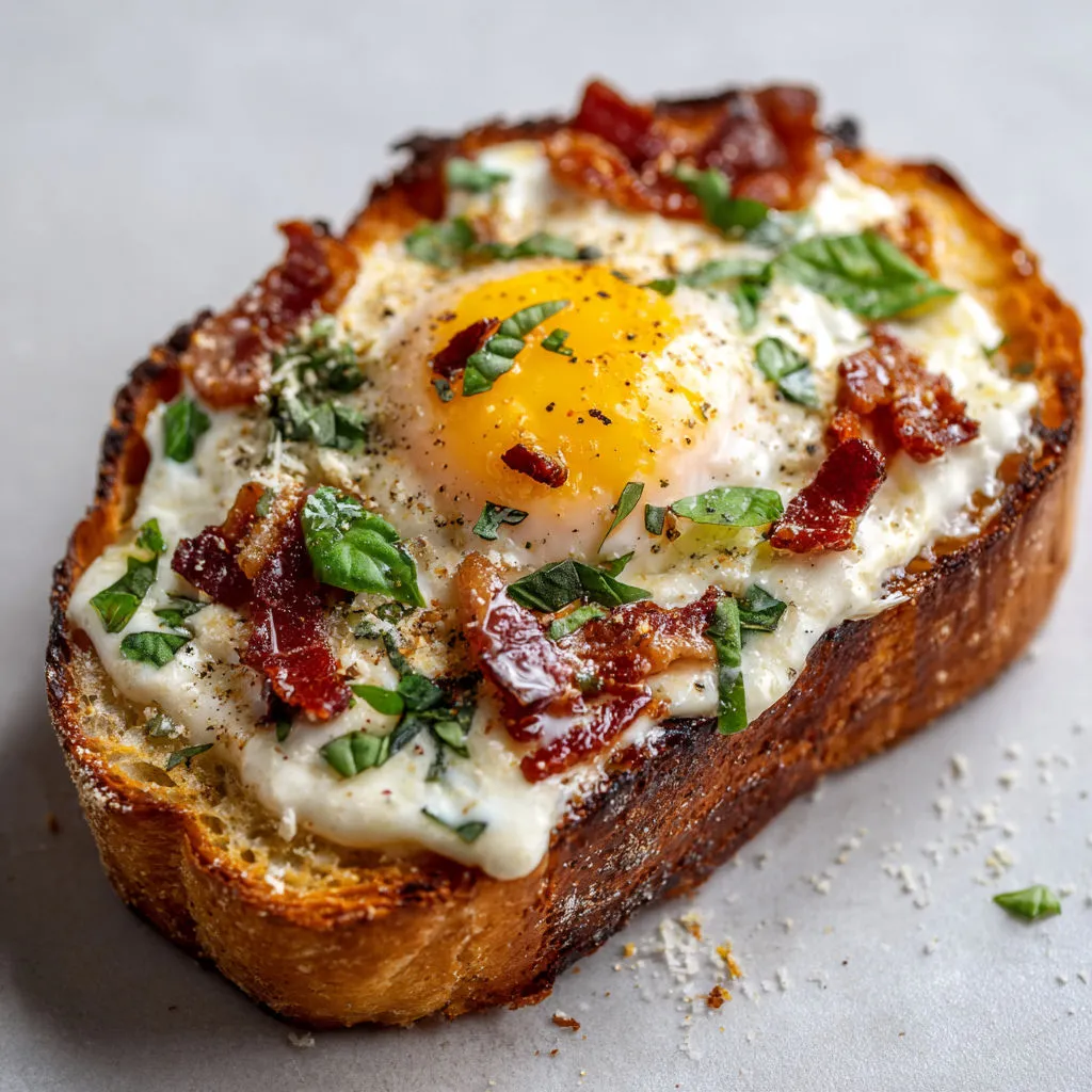 Tartine carbonara ultra gourmande, pain croustillant et cœur fondant.