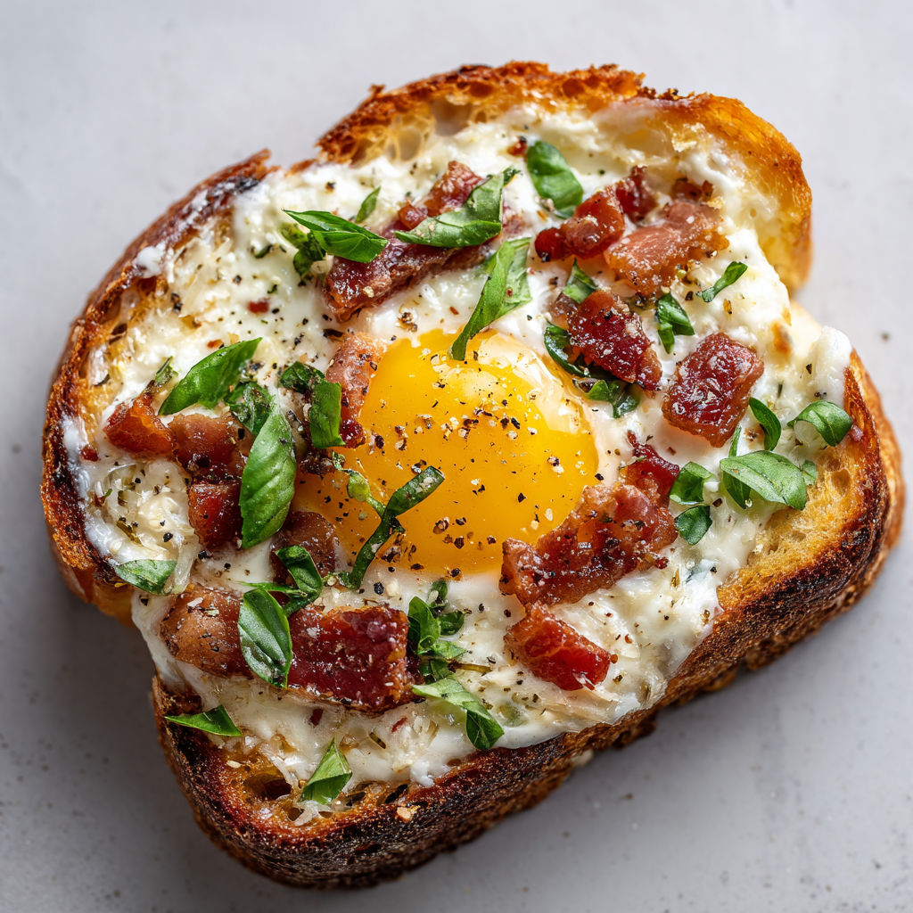 Tartine façon carbonara revisitée, pain grillé, crème onctueuse et lardons dorés.