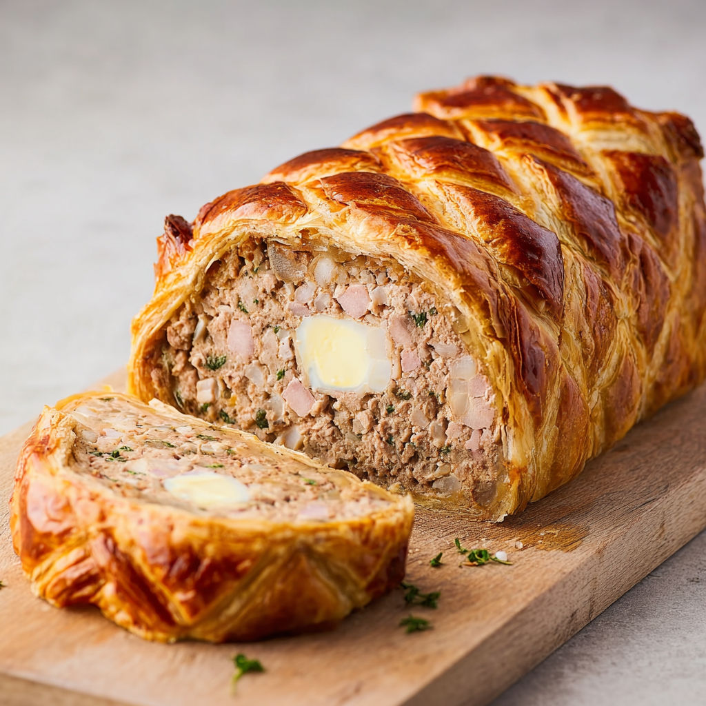 Part de veau moelleux en croûte dorée, servie sur une planche bois.