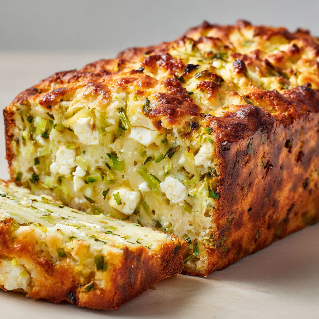 Cake salé avec verts de poireaux et feta, super moelleux et bien parfumé.