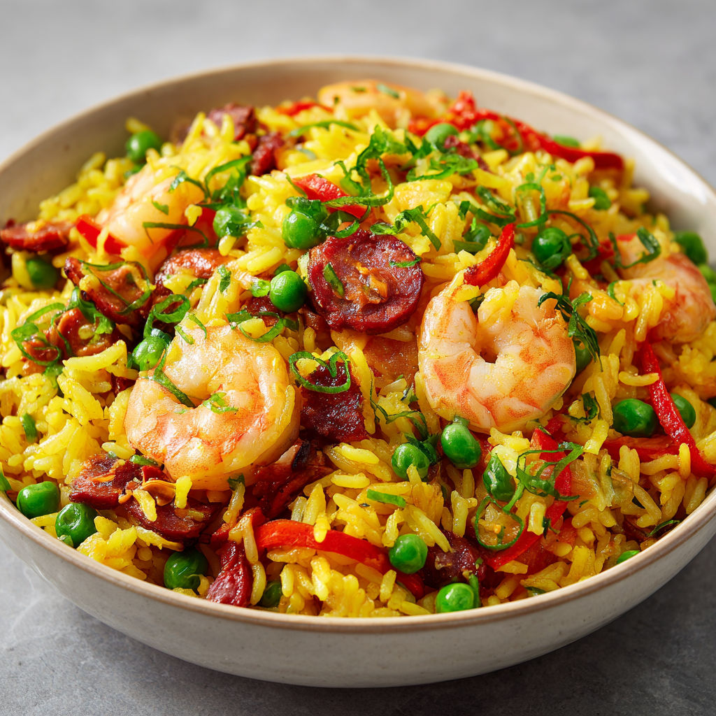 Bol garni de riz au safran avec moules et crevettes.