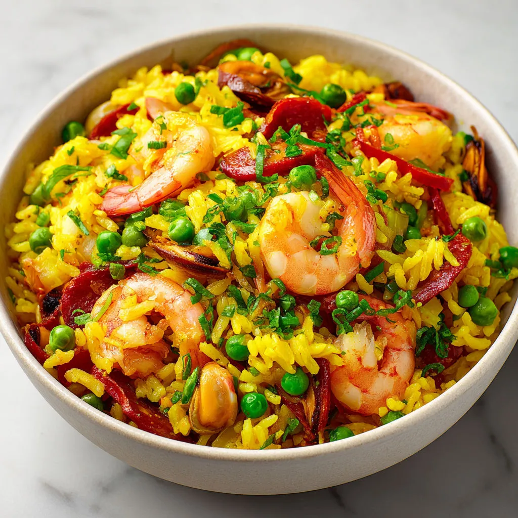 Riz froid aux moules et crevettes, saveur safran et chorizo.