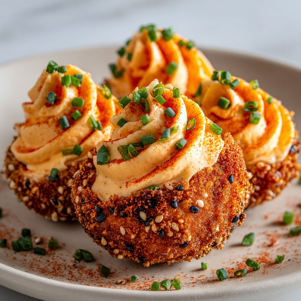 Œufs mimosa crunchy au chorizo, cœur ultra fondant et panure croustillante.