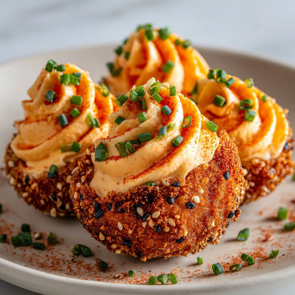 Œufs mimosa crunchy au chorizo, cœur ultra fondant et panure croustillante.