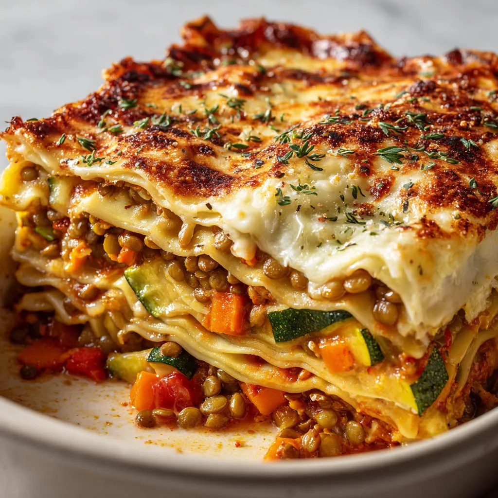 Délicieuses lasagnes veggie aux lentilles et légumes fondus.