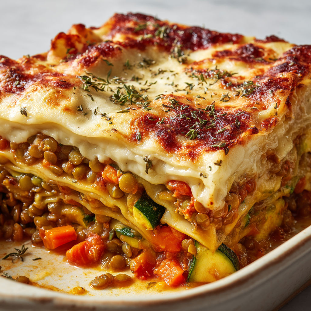 Lasagnes aux lentilles vertes gratinées, nourrissantes et réconfortantes.
