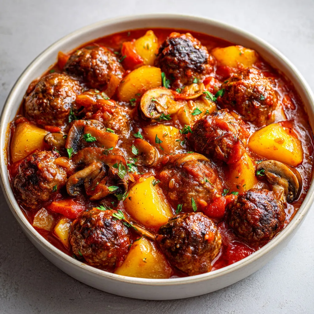 Pommes de terre moelleuses et boulettes de bœuf nappées d’une sauce douce.