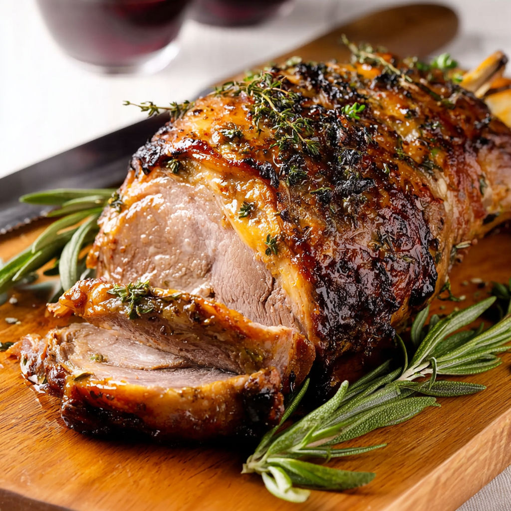 Gigot d’agneau rôti à la broche, parfumé et savoureux.