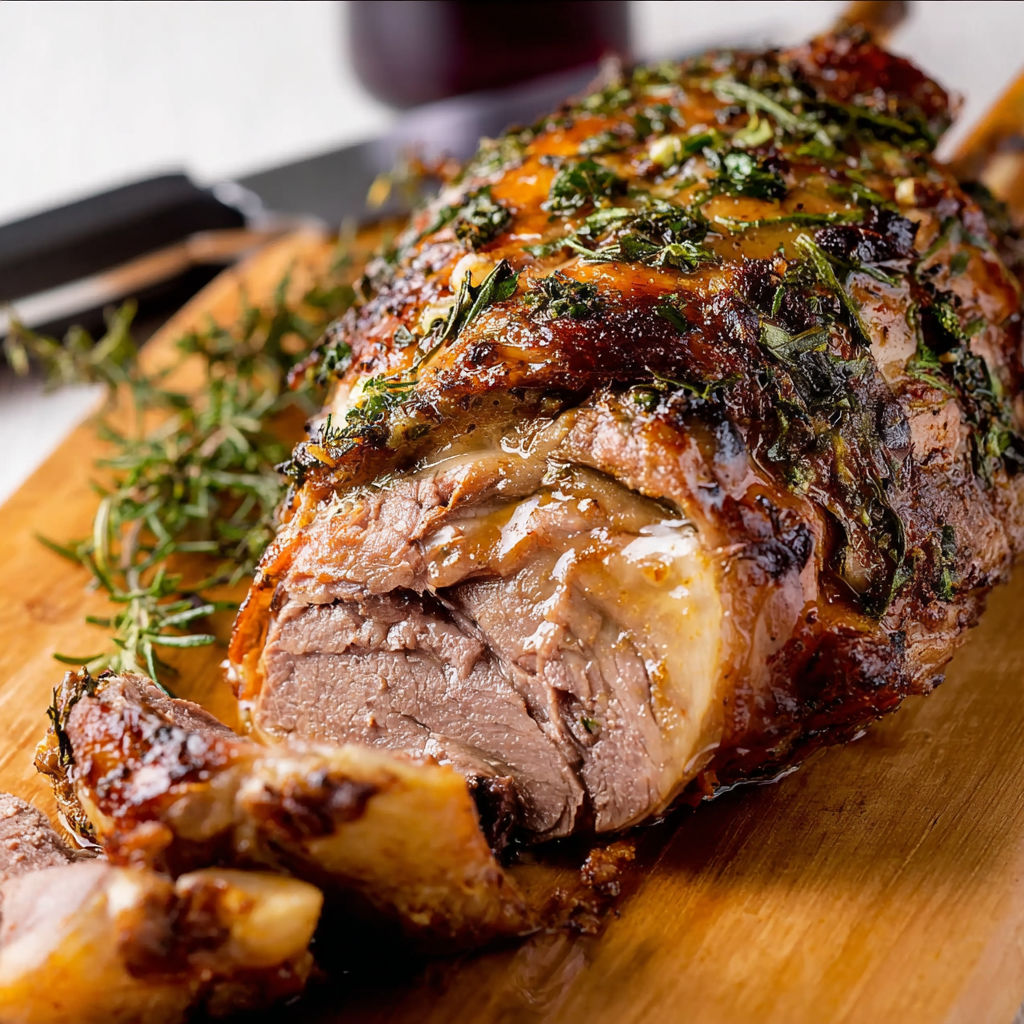 Gigot d’agneau rôti avec herbes et épices, prêt à déguster.
