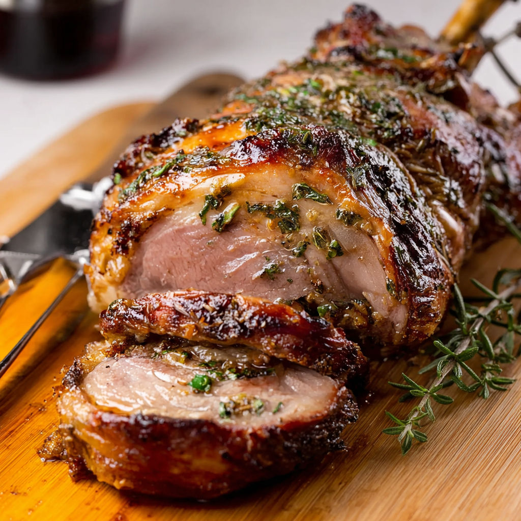 Gigot à la broche, viande grillée avec herbes et épices, sur planche de bois.
