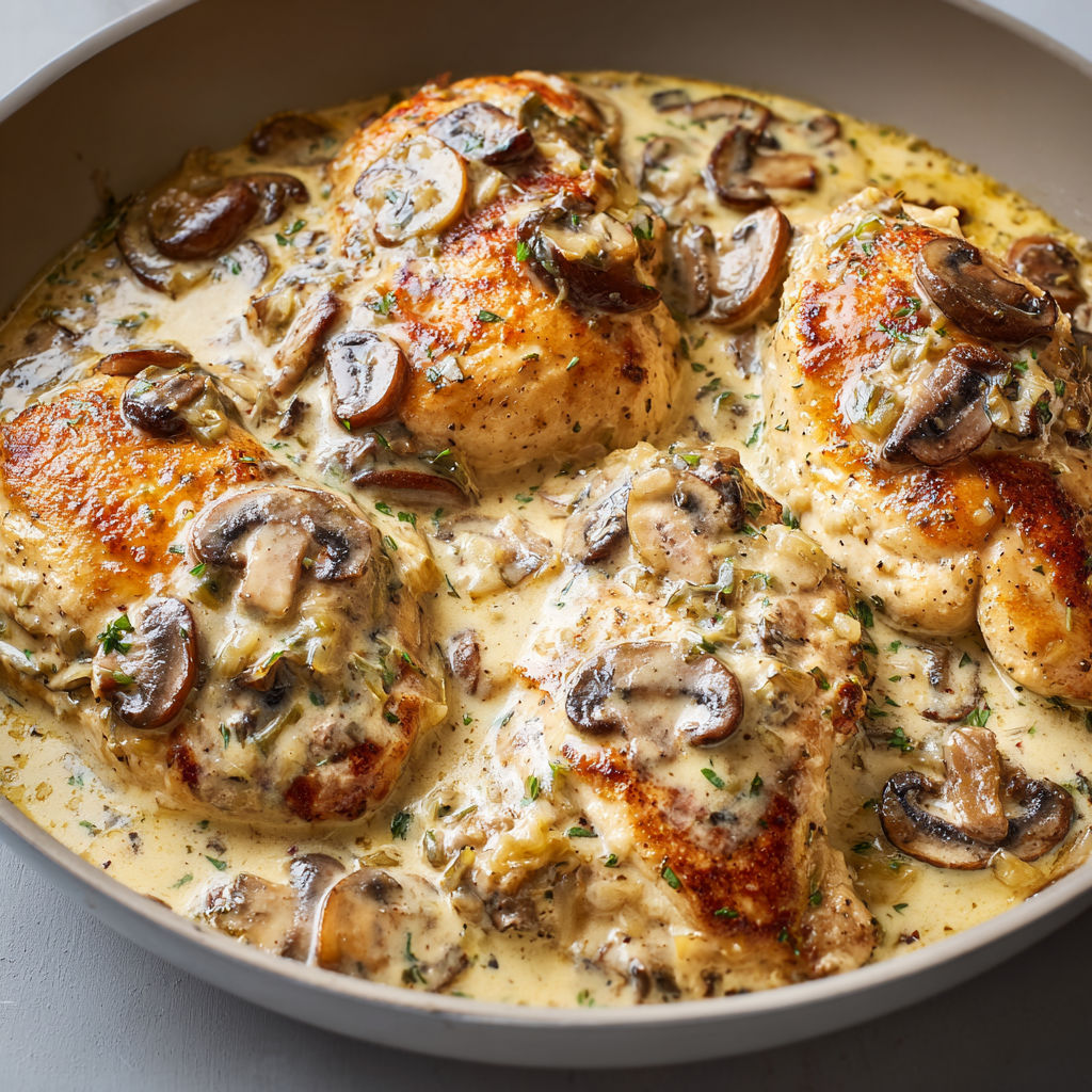 Un bol appétissant de poulet nappé de sauce crémeuse aux champignons, façon bistrot.