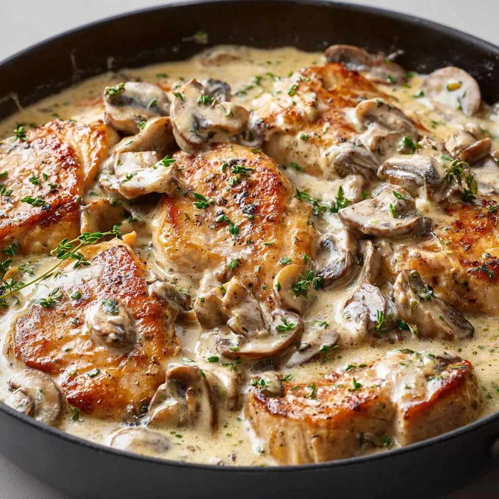 Plat de poulet crémeux aux champignons servi façon bistrot dans un bol en fonte.