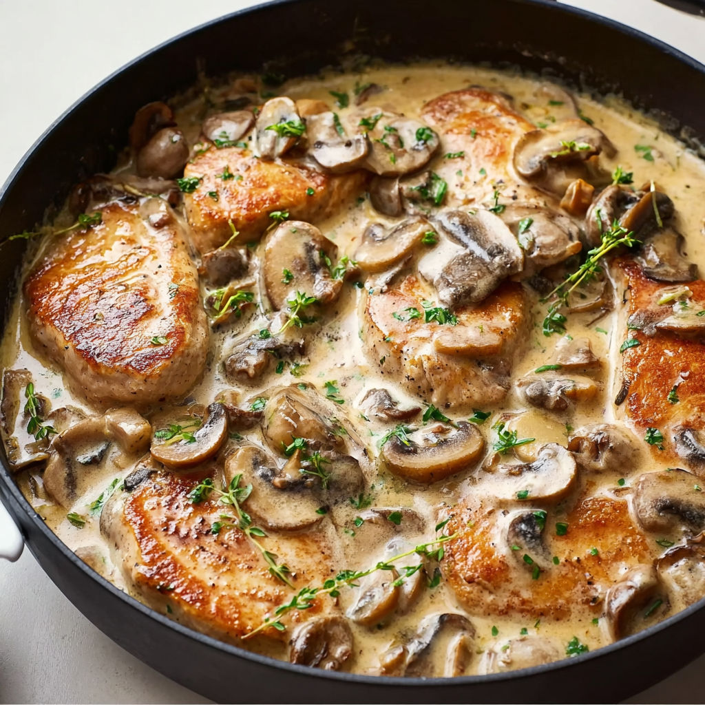 Poulet cuisiné à la crème et champignons servi avec des herbes fraîches.