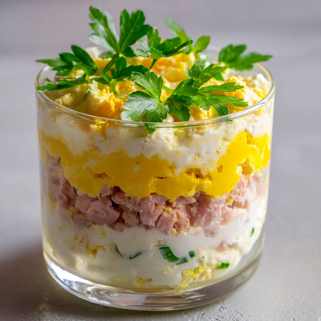 Une verrine garnie d'œuf mimosa et de morceaux de jambon vue dans un verre transparent.