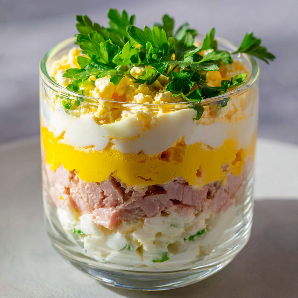 Petits verres d’œufs mimosa au jambon, simples et gourmands.