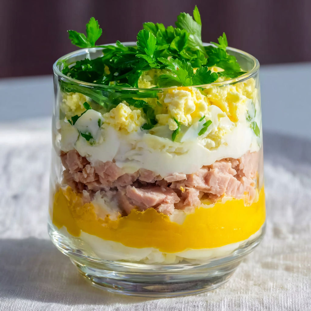 Verrines d’œufs mimosa façon moderne au jambon, rapides et ravissantes.