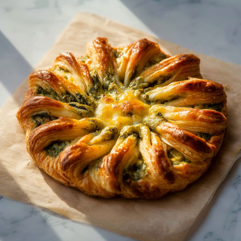 Un feuilleté doré au pesto et fromage, servi sur une assiette élégante.