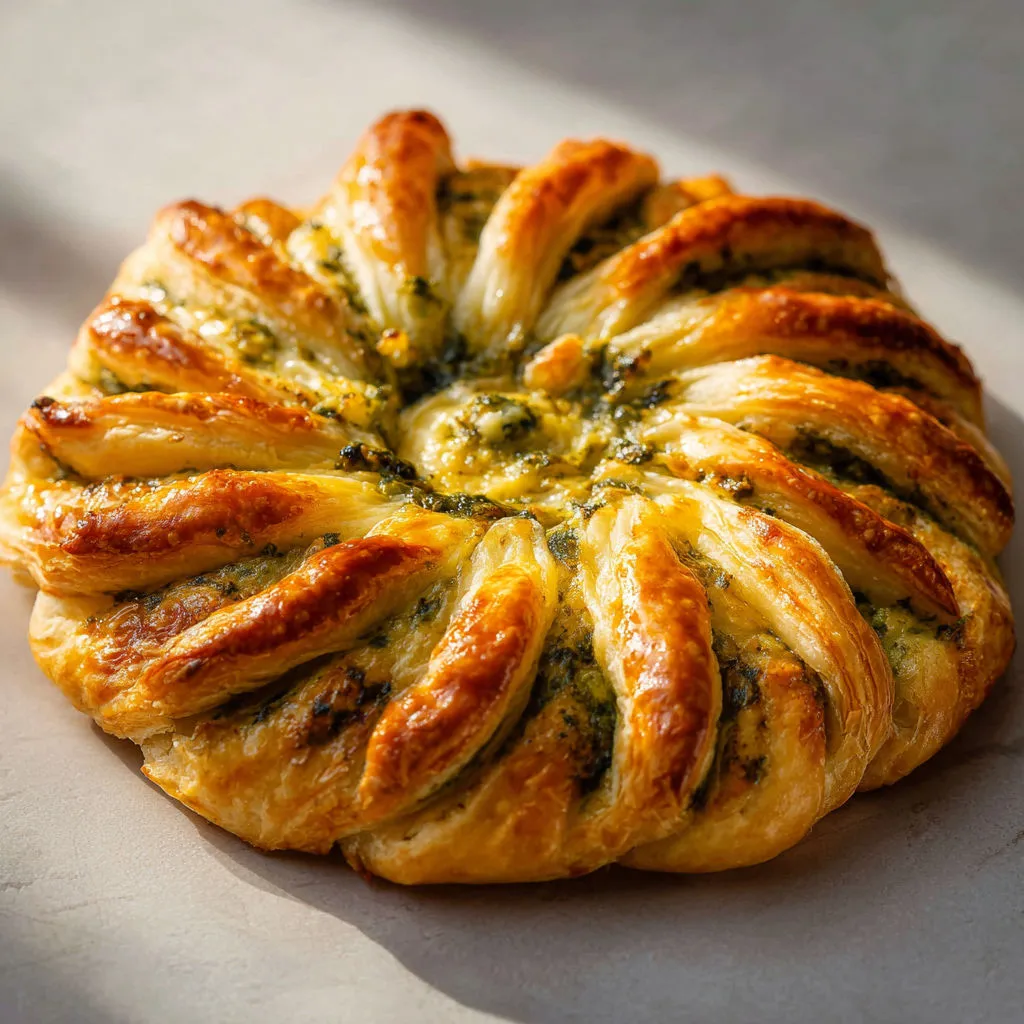 Feuilleté soleil au pesto et fromage hyper facile et bluffant pour l’apéro.