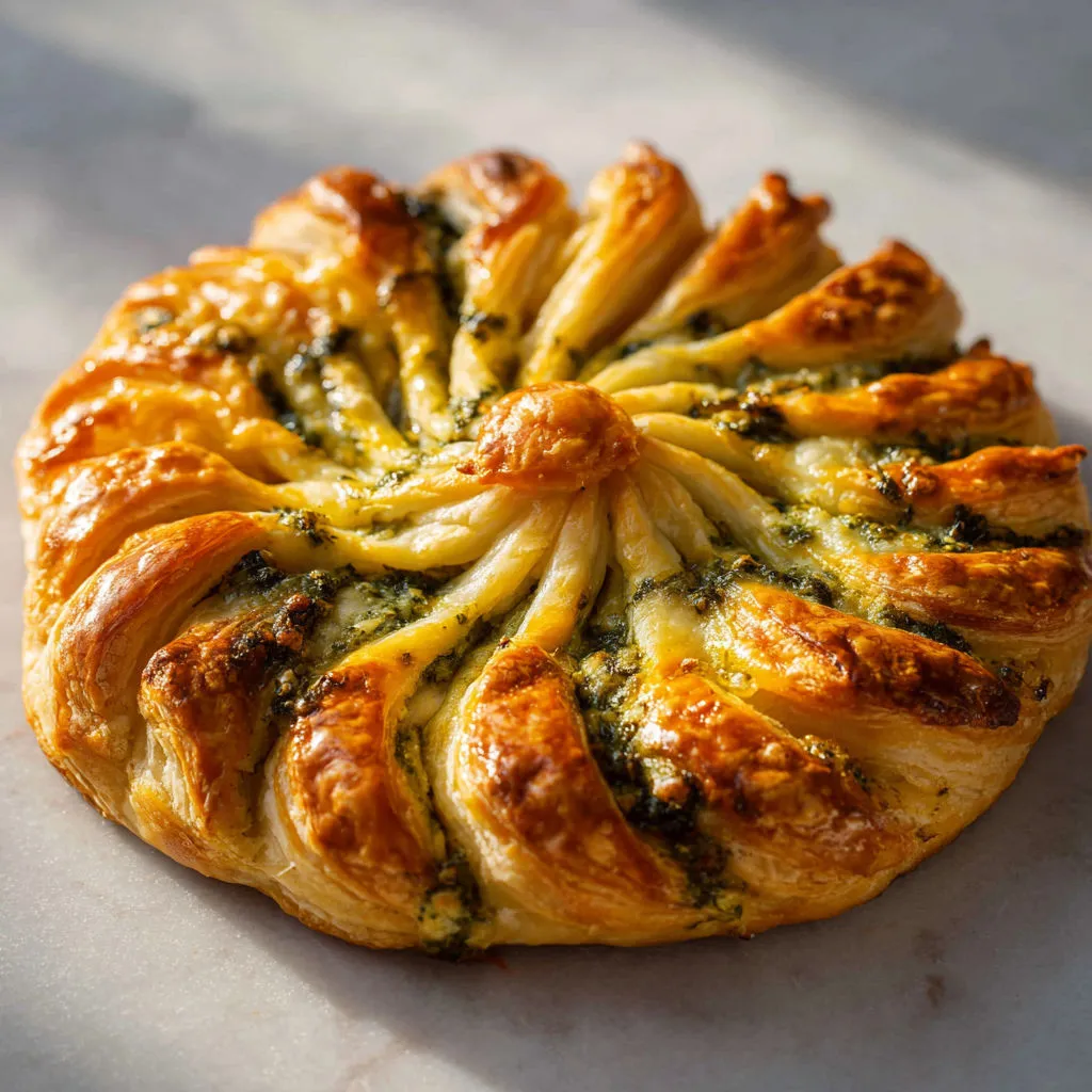 Soleil feuilleté croustillant au pesto et fromage bien filant prêt en deux temps trois mouvements.