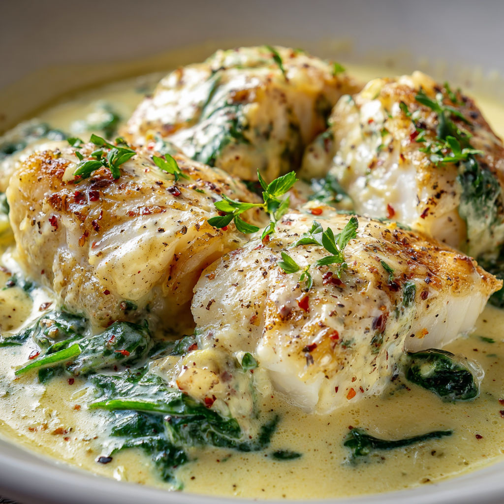 Tendre cabillaud avec sauce crémeuse aux épinards, parfait pour un dîner savoureux.