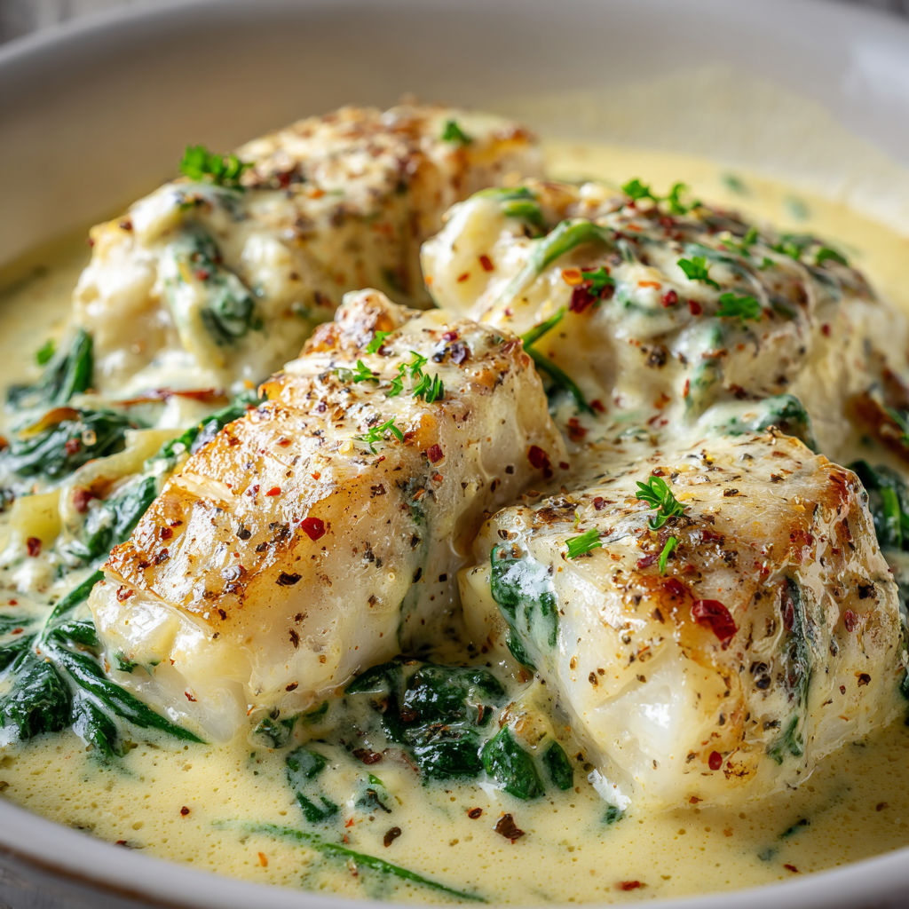 Dos de cabillaud moelleux aux épinards nappé d’une sauce moutarde onctueuse.