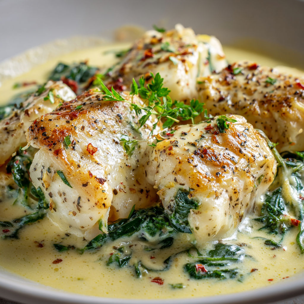 Poisson vapeur sur épinards tendres et sauce crème moutardée.