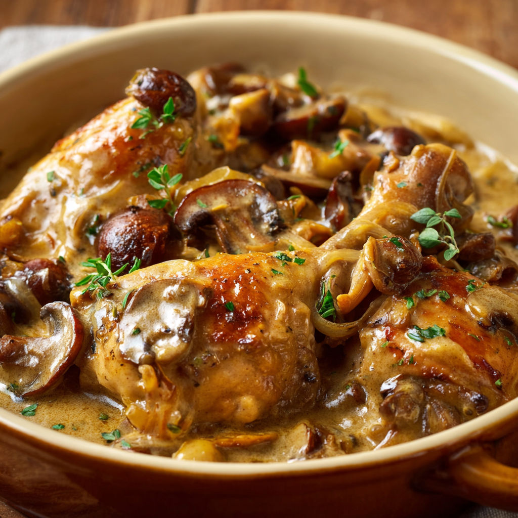 Cailles mijotées avec champignons sauvages et sauce crémeuse, gourmand et délicat.