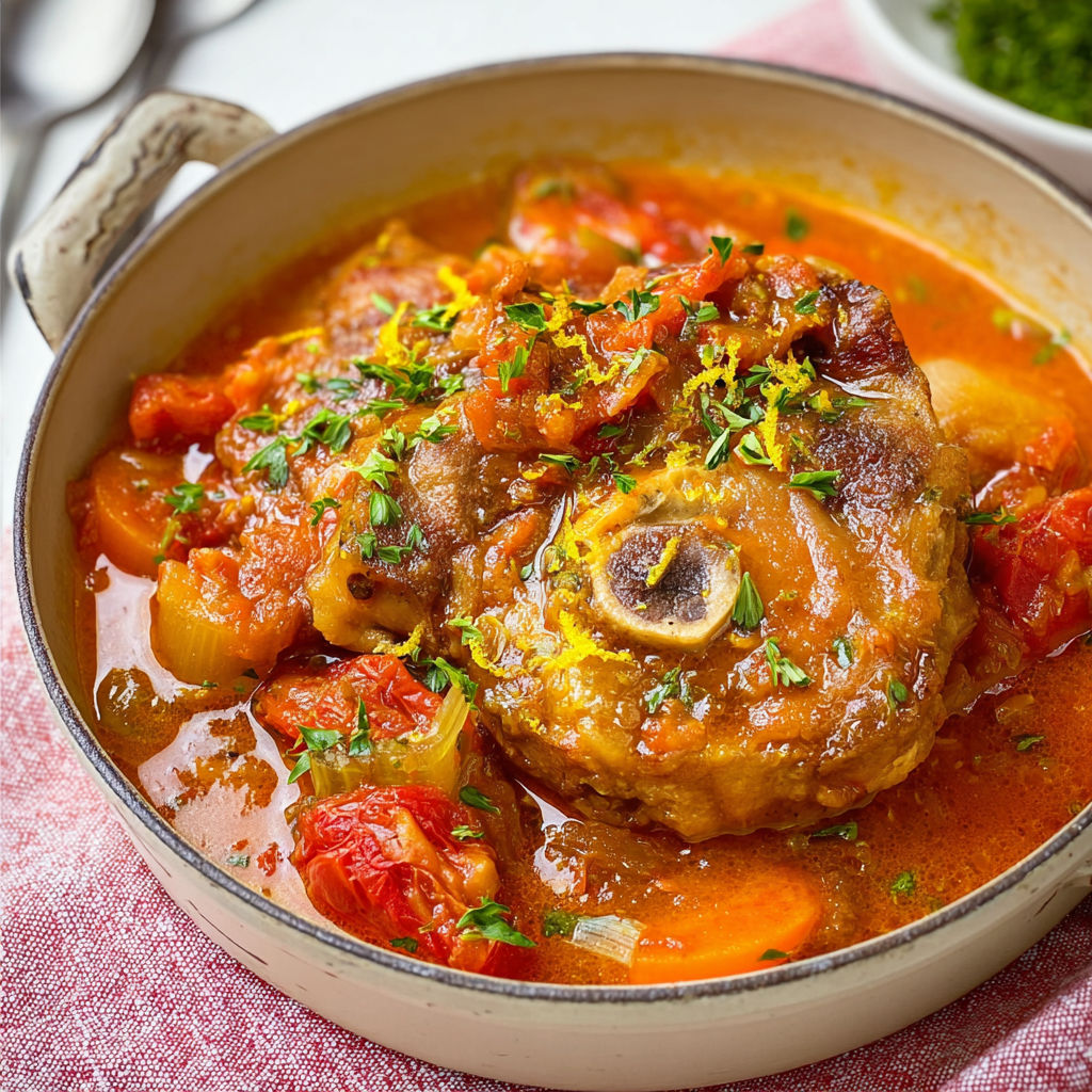 Dinde mijotée façon osso bucco avec légumes, sauce tomate et vin blanc, tendre à souhait.