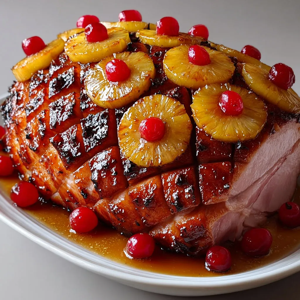 Gros jambon doré avec des fruits, caramélisé au miel et moutarde.