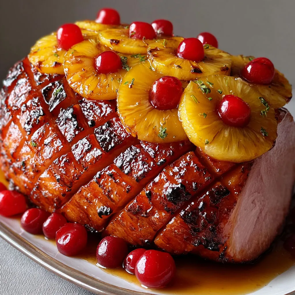 Jambon tout doré au four, nappé d’une sauce fruitée et fondante.