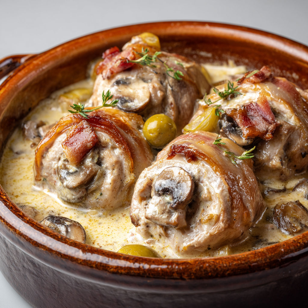 Bonne assiette de paupiettes de veau au vin blanc et champignons servie dans un joli bol en céramique.