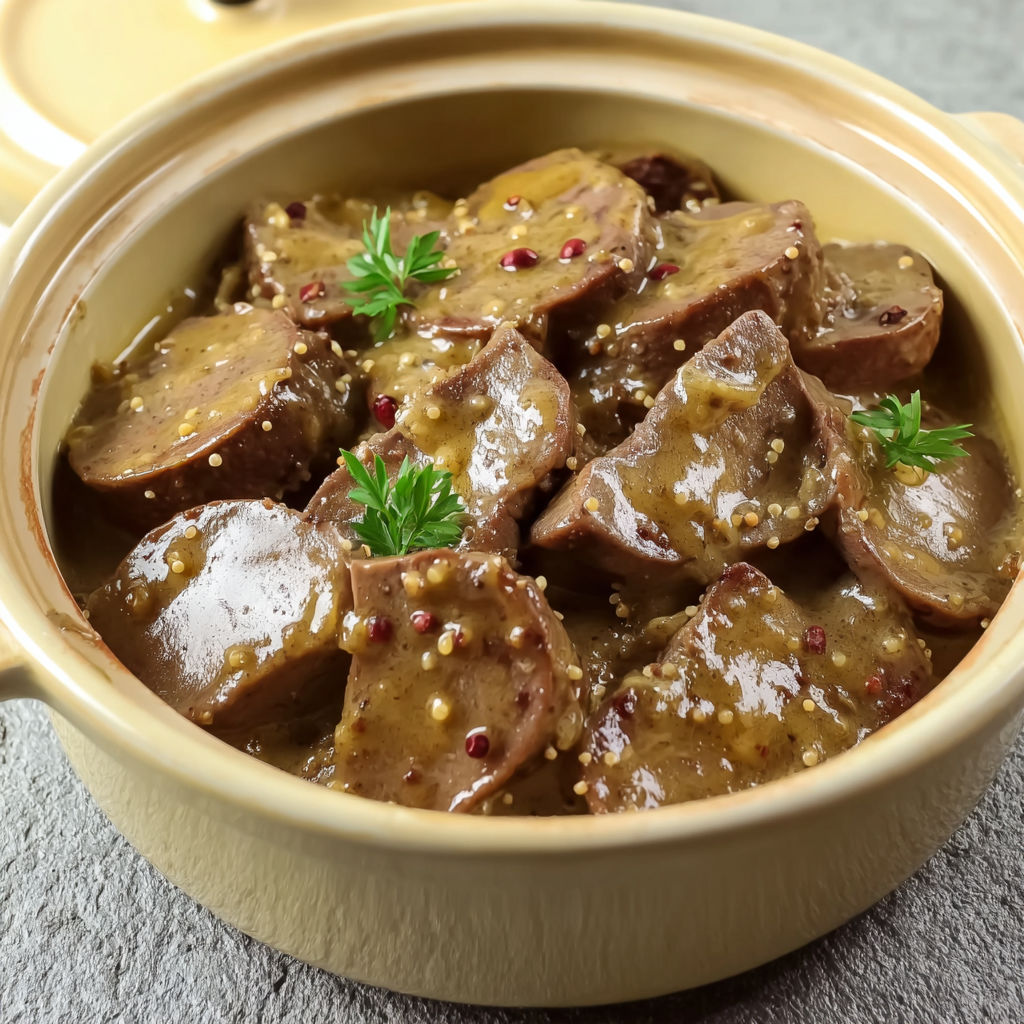 Plat de veau accompagné de sauce à la moutarde.