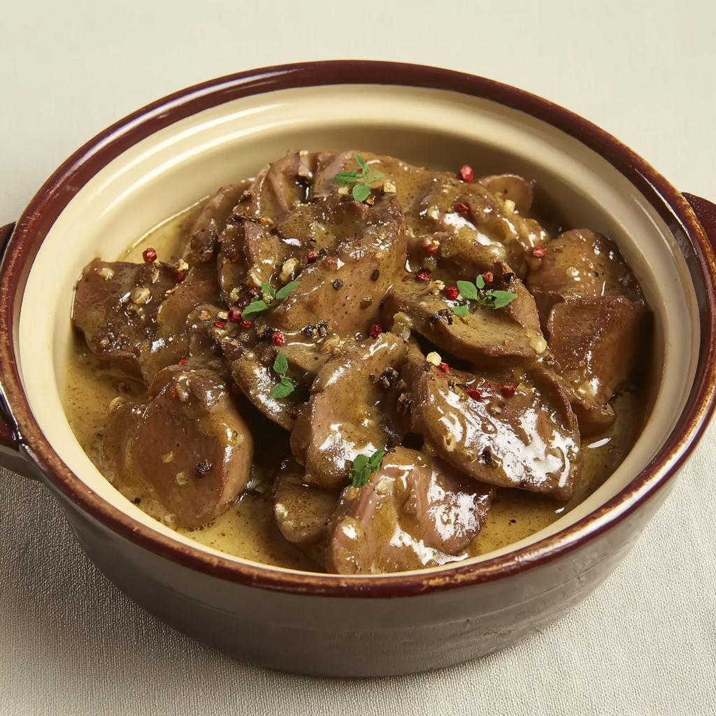 Rognons de veau nappés d’une sauce crémeuse à la moutarde et vin blanc, esprit bistrot.