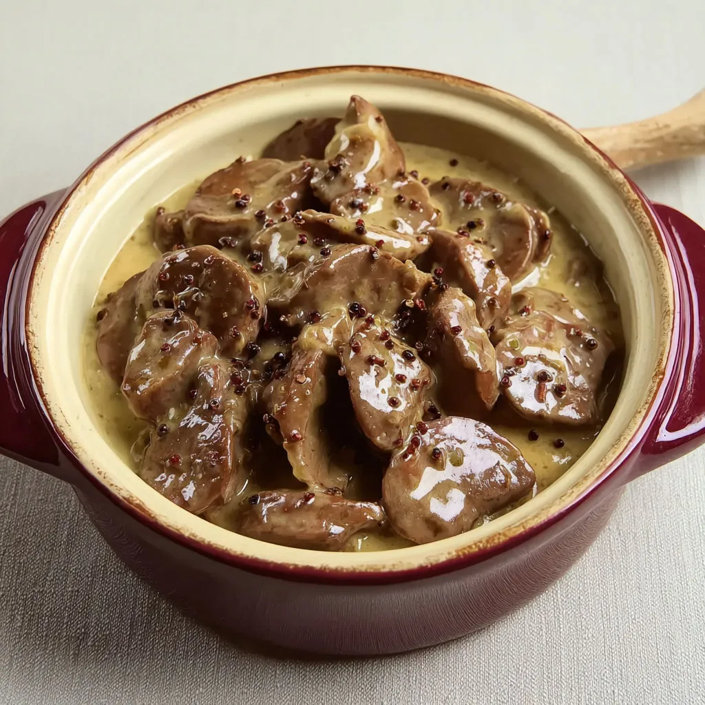 Rognons de veau tout chauds, nappés de sauce moutardée bien crémeuse.