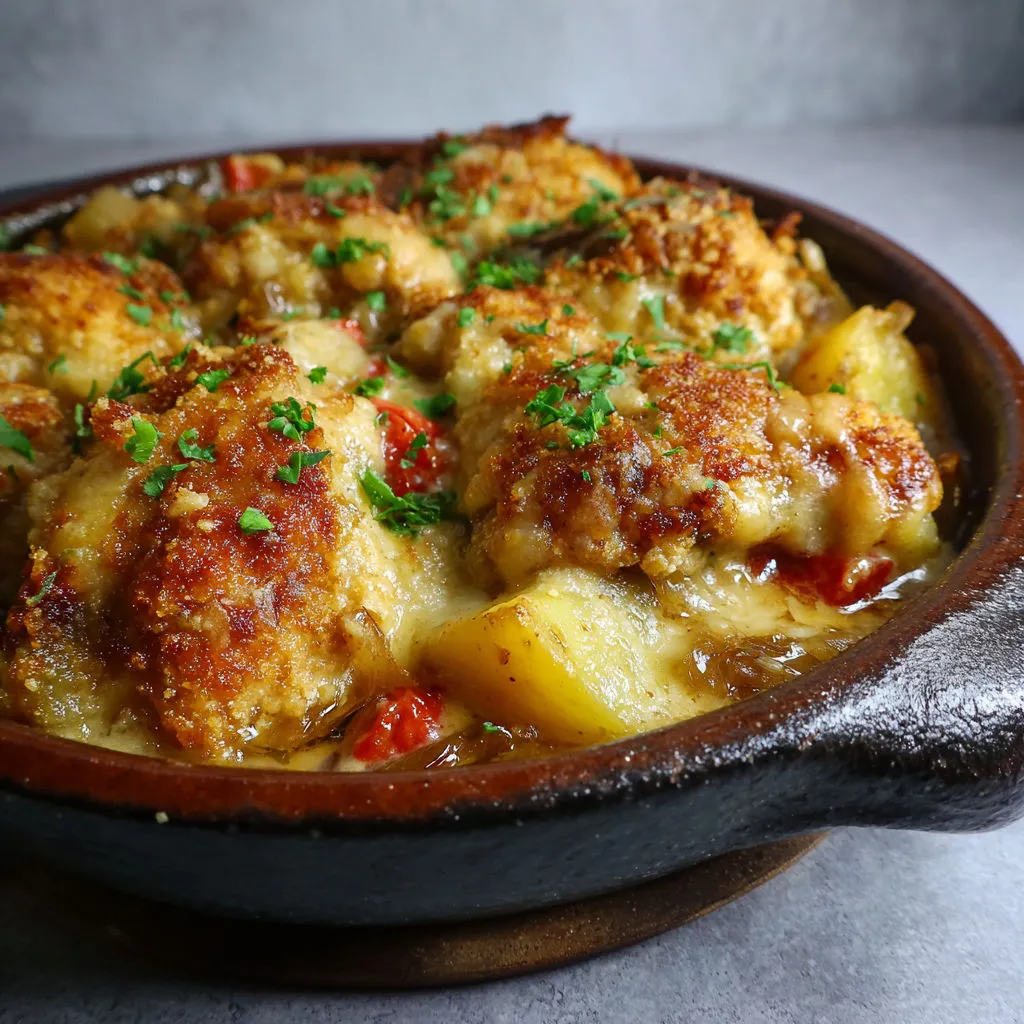 Volaille gratinée à la moutarde et chapelure, sauce épicée bistrot.