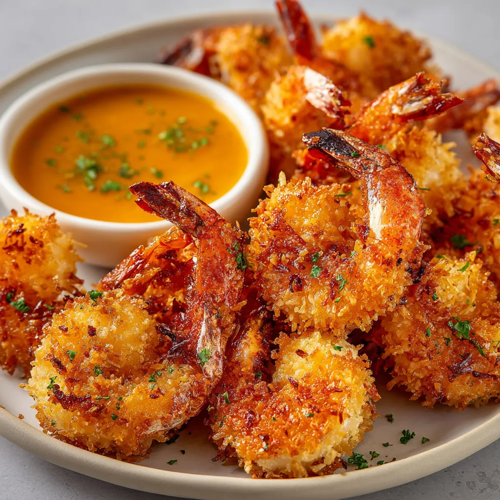 Planche garnie de crevettes coco dorées à l’Airfryer, prêtes à tremper.