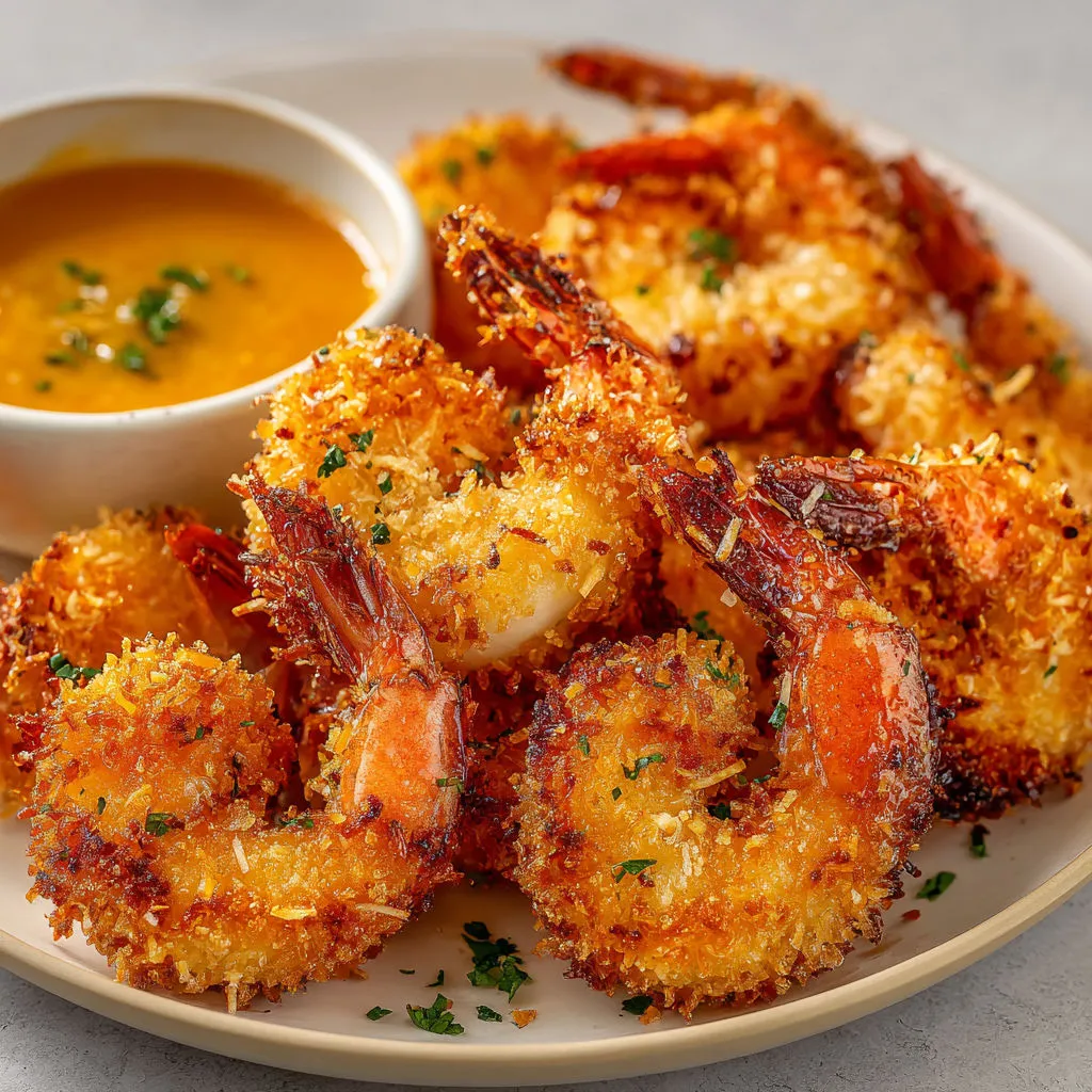 Assiette de crevettes croustillantes coco version Airfryer, prête à servir.