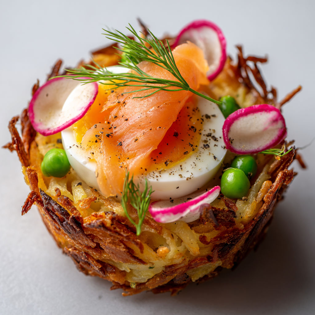 Sur un rösti doré, un morceau de truite fumée est bien installé avec des œufs et des légumes frais.