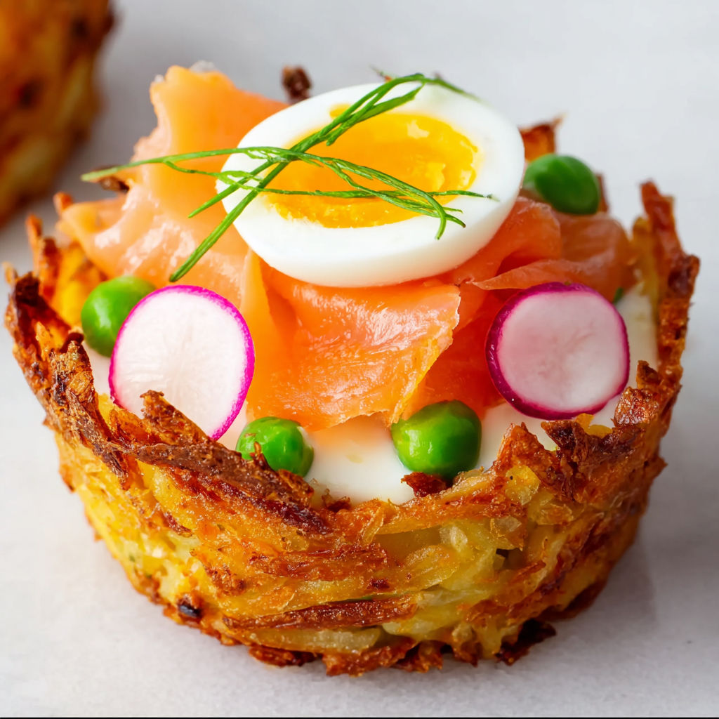 Petits nids dorés au rösti, servis avec de la truite fumée et du skyr, frais et pleins de goût.