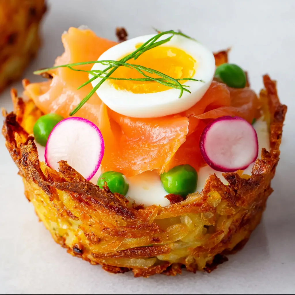 Petits nids dorés au rösti, servis avec de la truite fumée et du skyr, frais et pleins de goût.