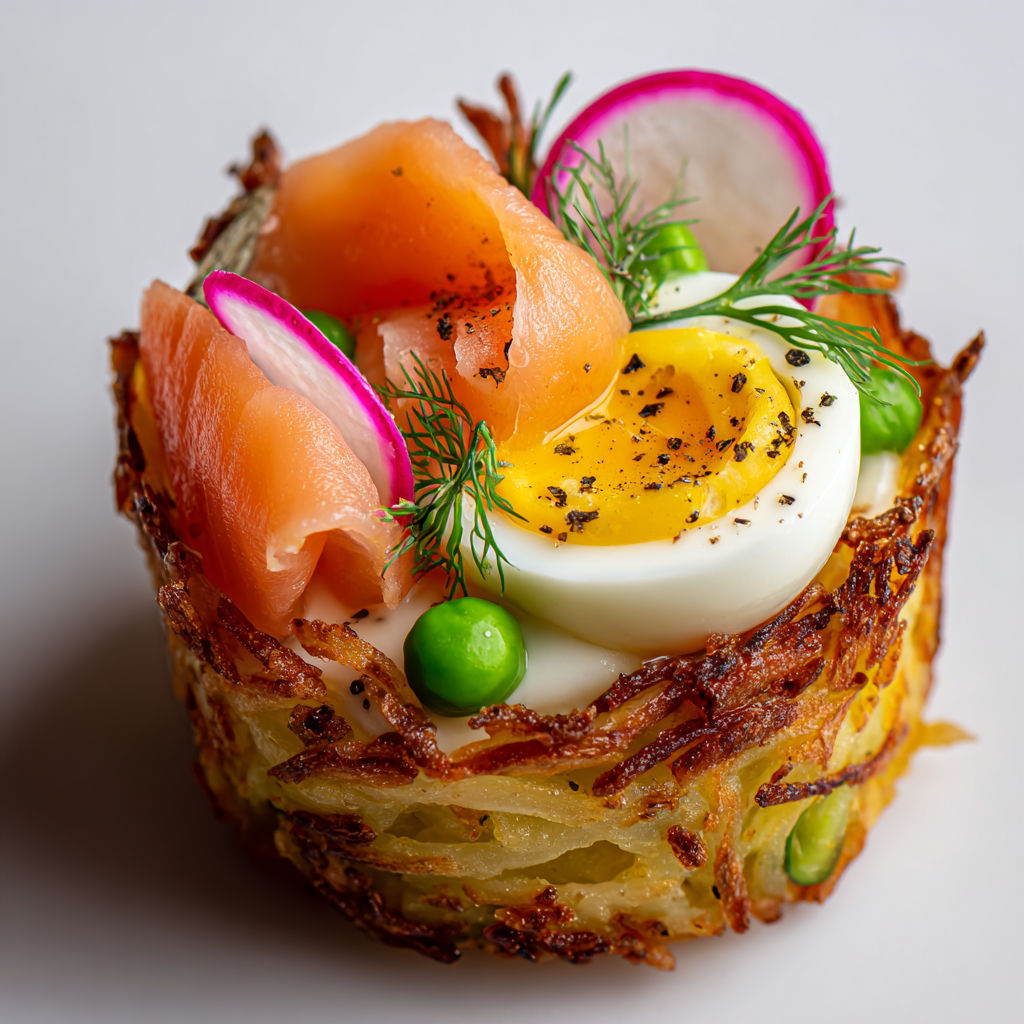 Nids de rösti garnis de truite fumée et œuf de caille, très chic pour l’apéro.