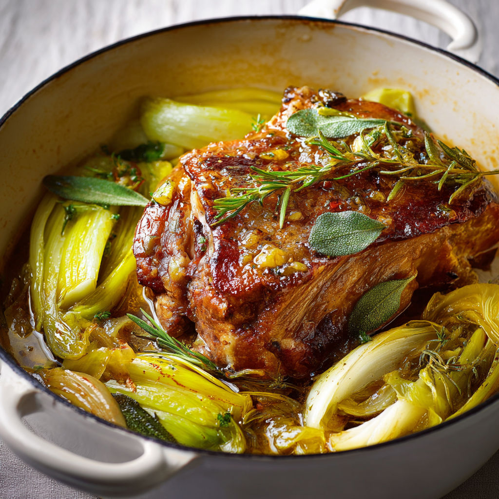 Un délicieux mijoté de porc aux poireaux avec une touche d'herbes.