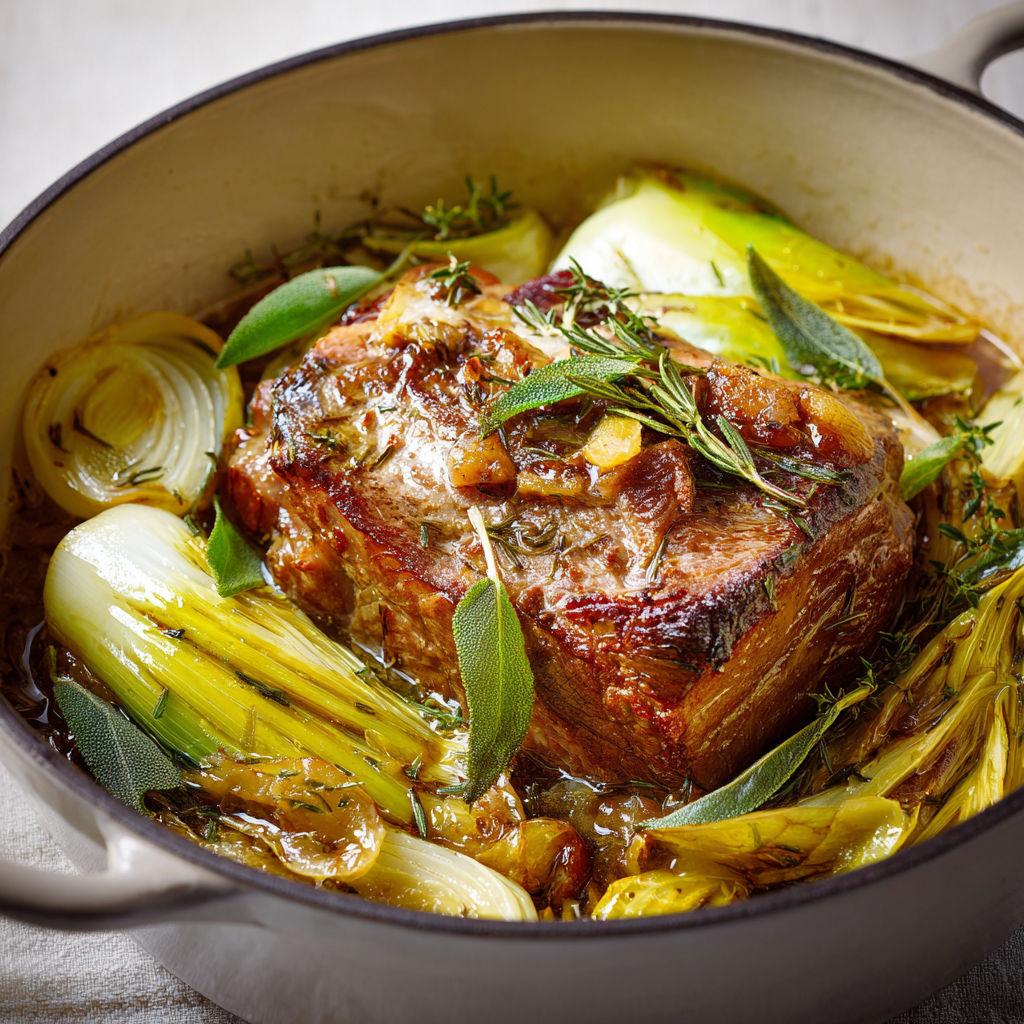 Porc ultra tendre avec poireaux et jus, cuit en cocotte