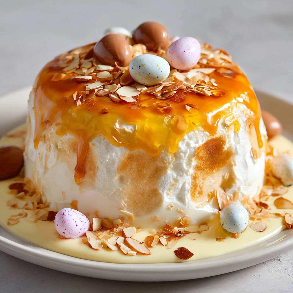 Une douce île flottante au caramel, décorée de petits chocolats et amandes, servie sur un plateau de table.