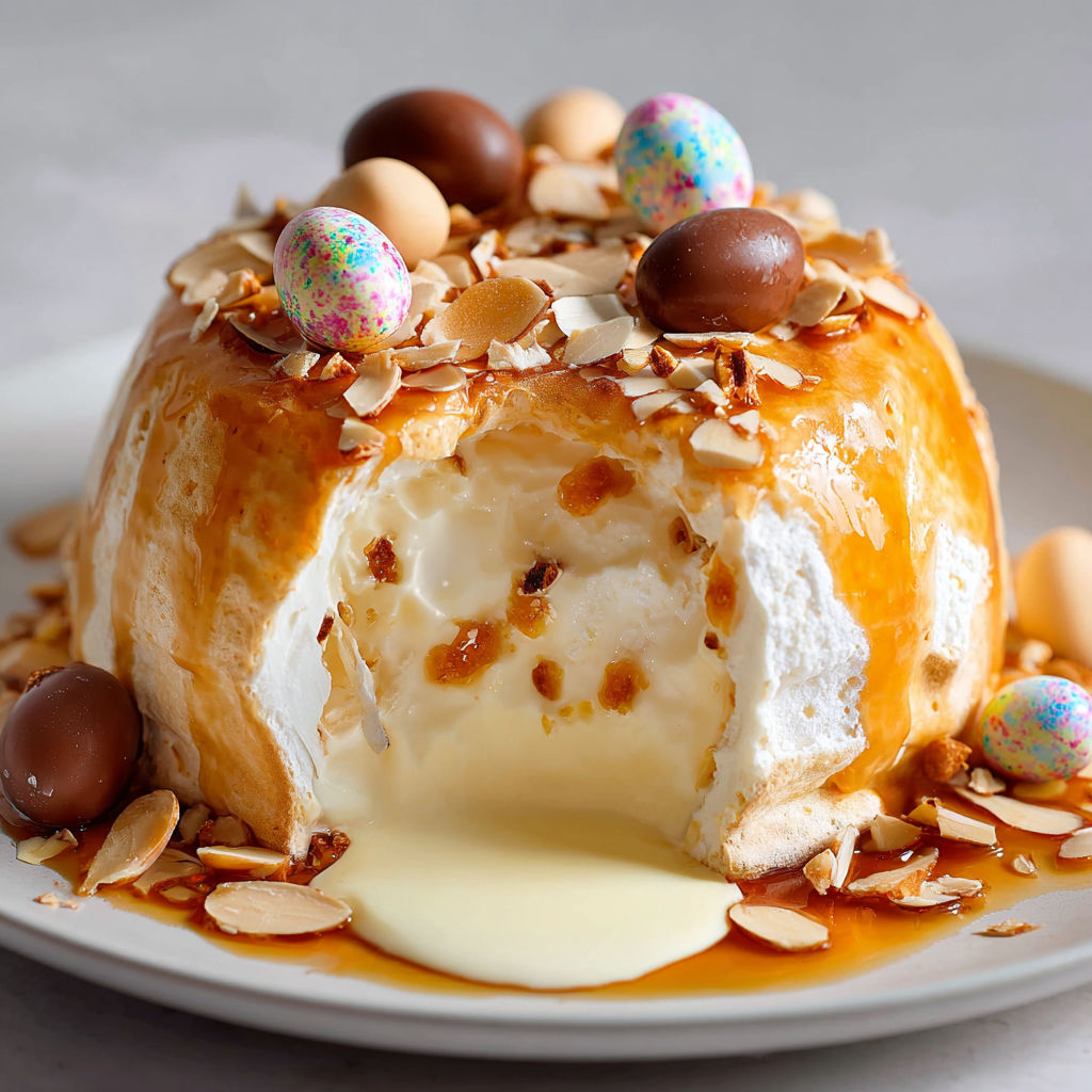 Île flottante recouverte de caramel, œufs de Pâques et noix de cajou, posée sur un plateau.