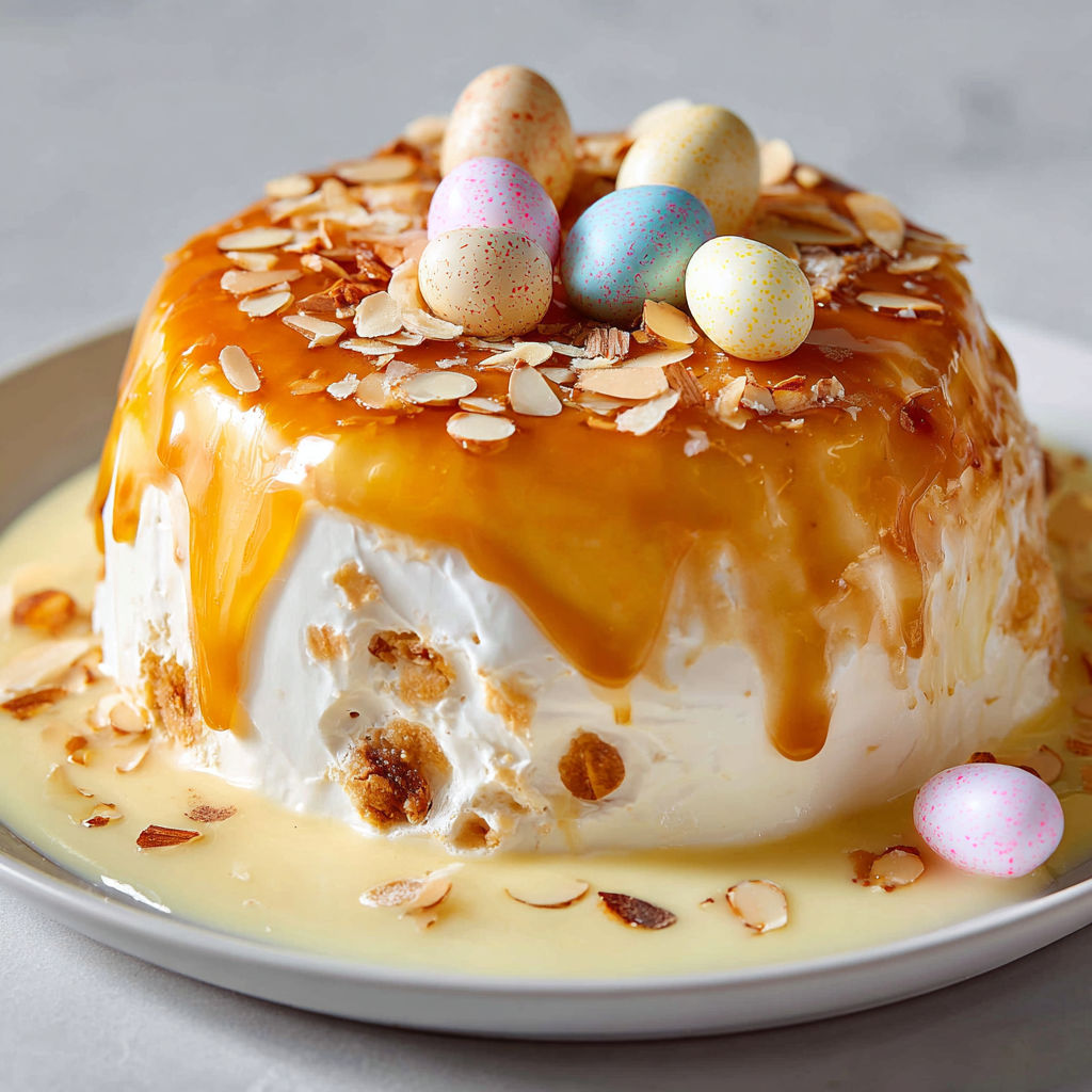 Île flottante nappée de caramel, œufs de Pâques et crumbles croustillants, posée sur un plateau.