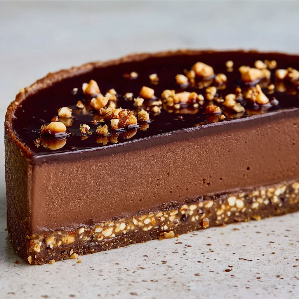 Part de flan fondant chocolat et sarrasin décorée de noix de cajou.