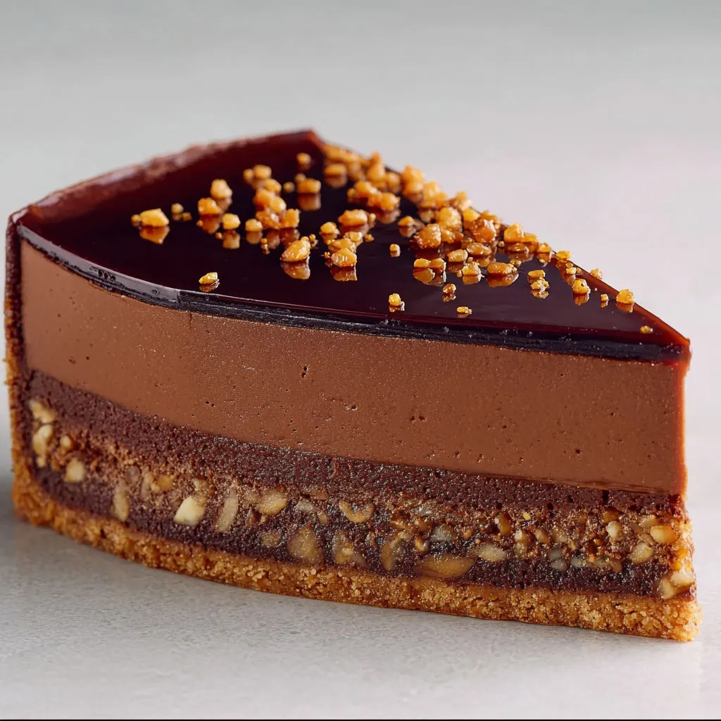 Part de flan chocolat sarrasin avec cœur praliné débordant de gourmandise.